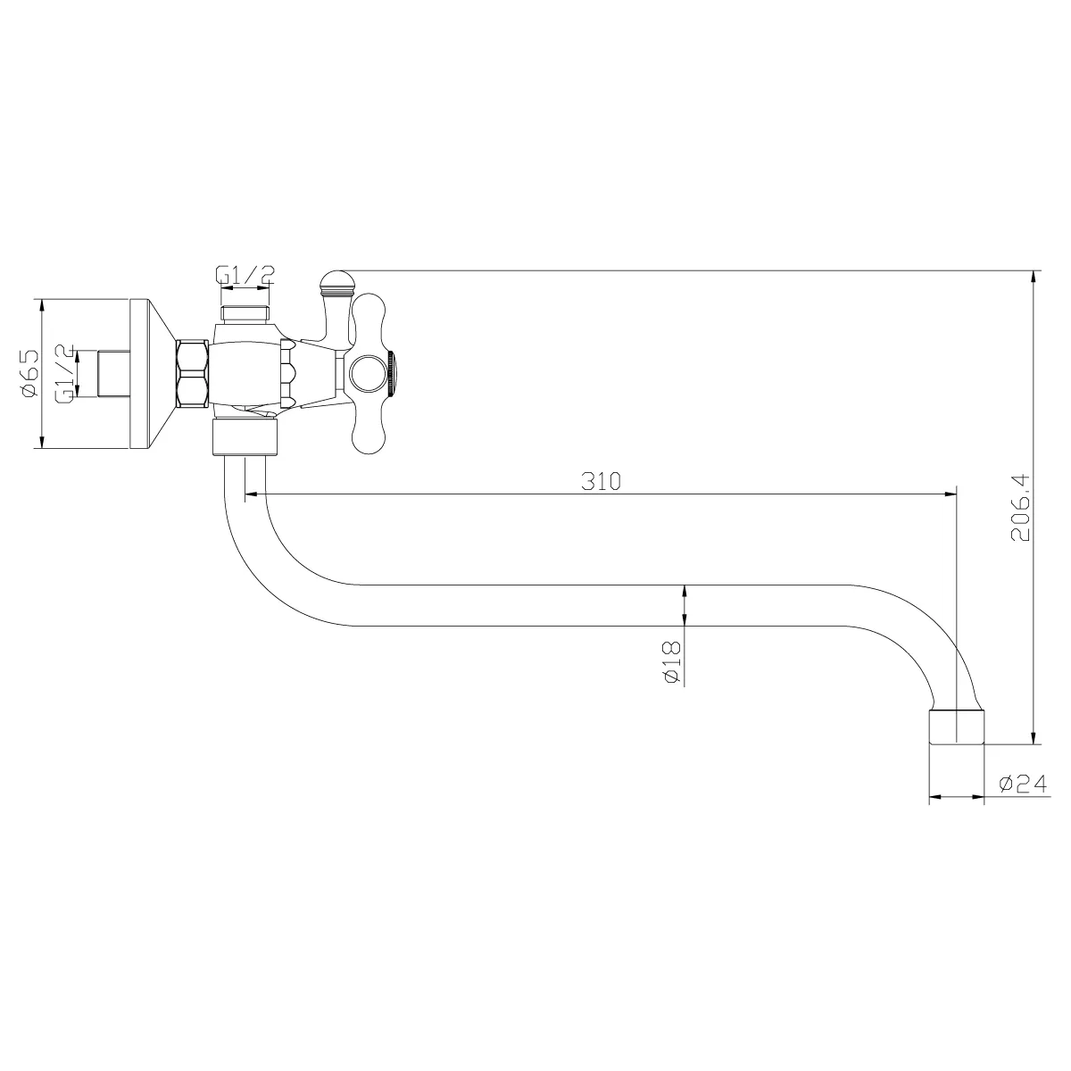 Y02 Смеситель для ванны, круг.пов.излив 310мм, р/ДВ, хром, ROS, Y02-82 — фото 2, Смеситель для ванны