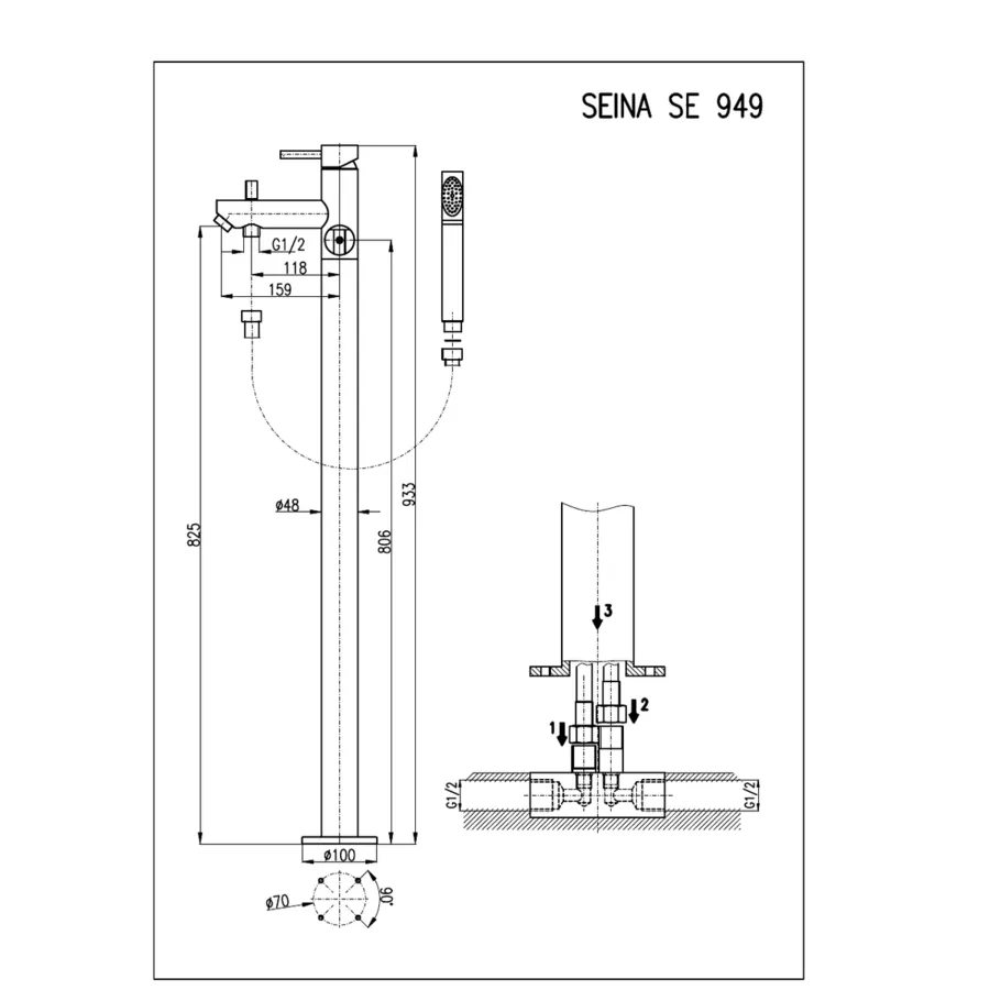 SE949.5CMAT SEINA - смеситель для ванны напольный, высота 932 мм., ЦВЕТ ЧЕРНЫЙ МАТОВЫЙ — фото 1, Смесители напольные