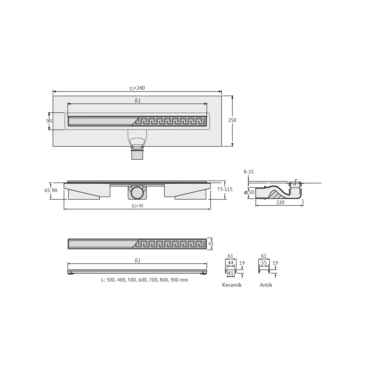 Желоб BERGES водосток напольный B1 Keramik 800 нержавеющая сталь, решетка бронза, S-сифон D50 боковой 094119 — фото 8, Душевые лотки