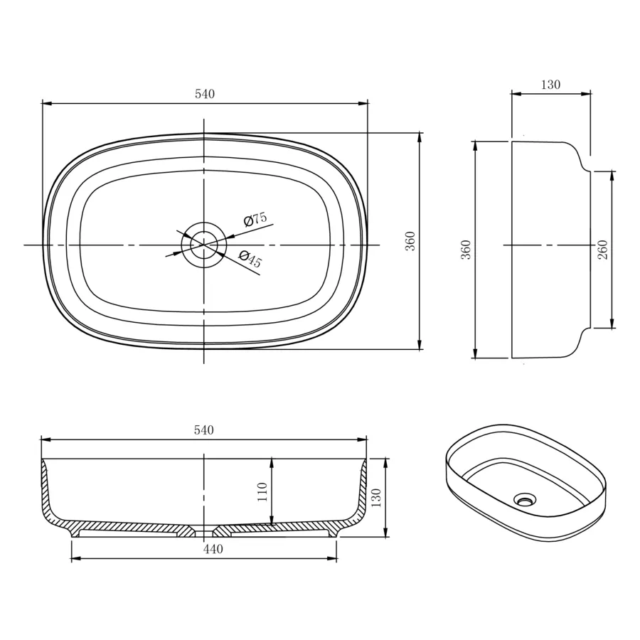 Раковина Conca 540 округлая, белый матовый, MonteBianco 12020 — фото 5, Раковины