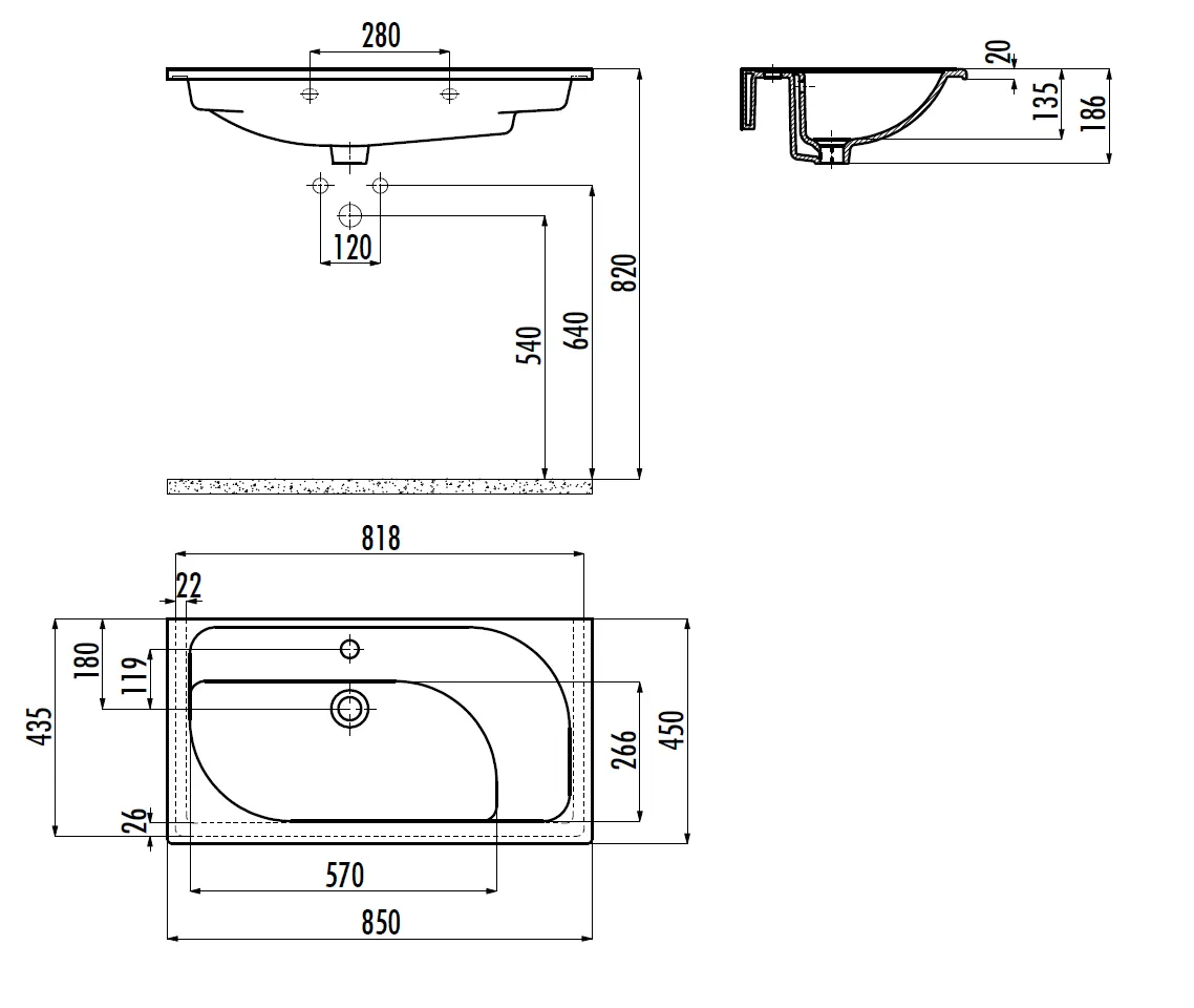 CREAVIT Раковина TP185 мебельная (85 см) TP185-00CB00E-0000 — фото 2, Раковины накладные