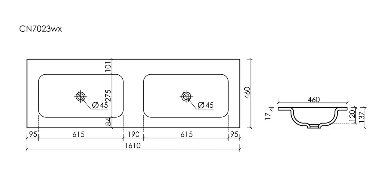 Раковина накладная мебельная CERAMICANOVA Grace прямоугольная 1610x457x137 с двумя чашами без отверстий под смеситель цвет белый CN7023wx — фото 4, Раковины накладные