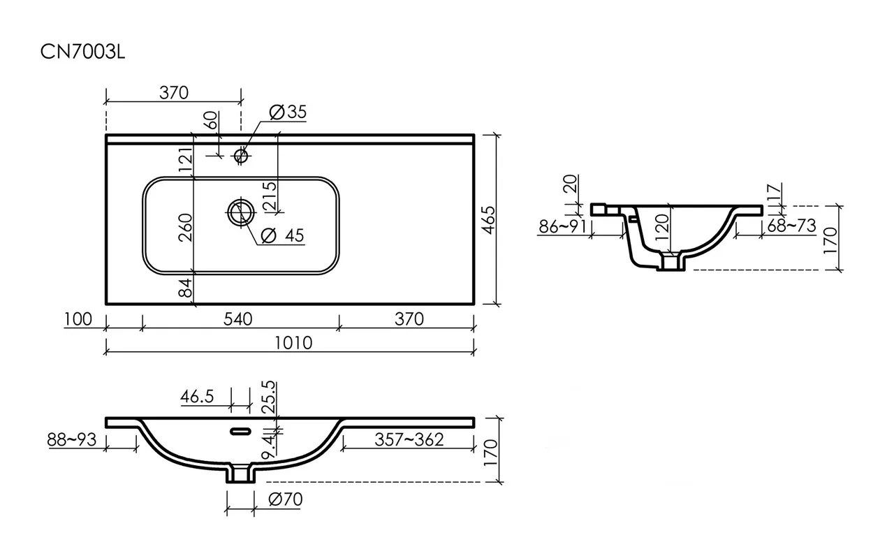 Раковина накладная мебельная CERAMICANOVA Element чаша слева с отверстием под смеситель 1010x465x180 мм цвет белый CN7003L — фото 4, Раковины накладные