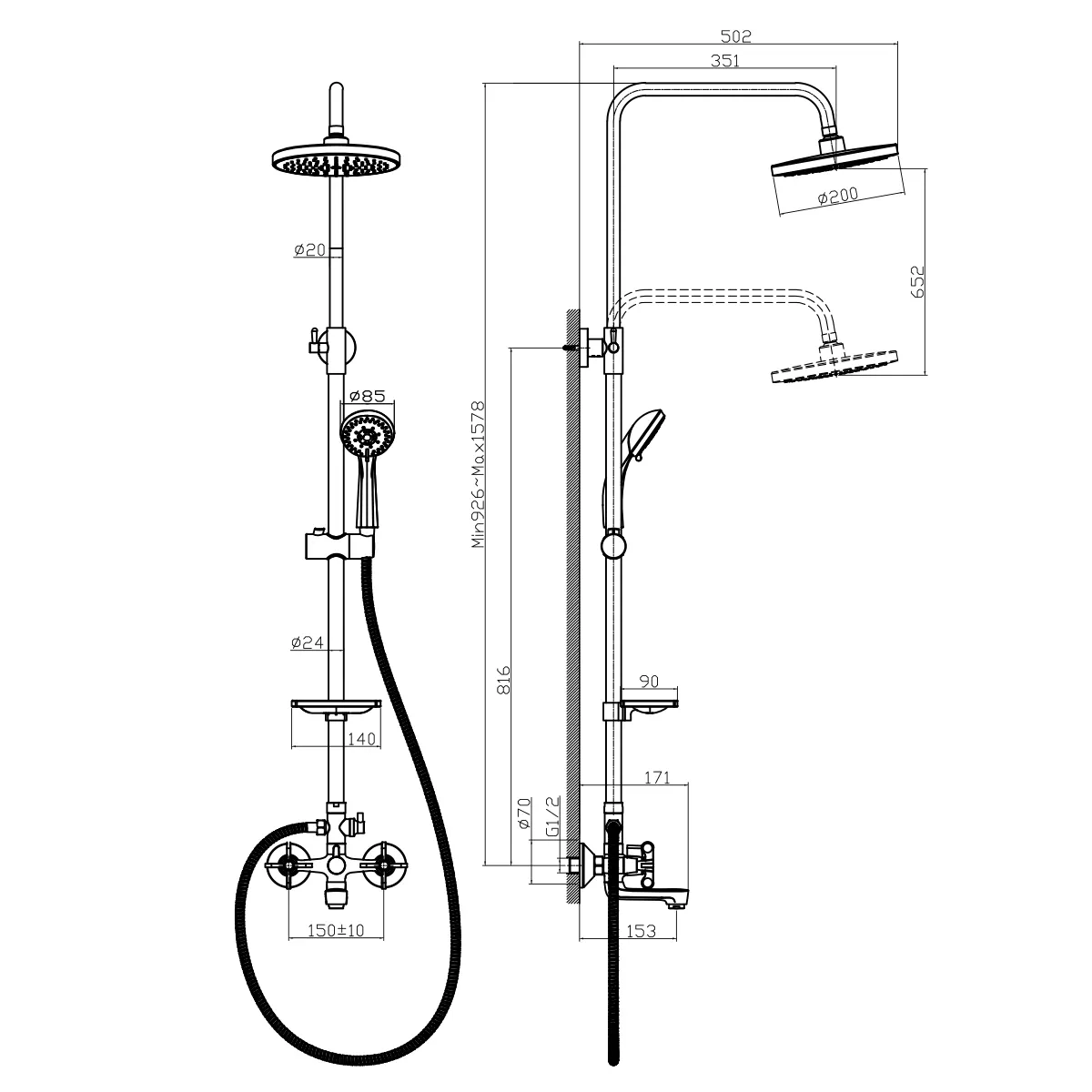 RS42 Смеситель для ванны-душа, пов.излив 130мм с верх.лейкой 'Троп.дождь', р/ДВ, хром,ROS,RS42-46 — фото 2, Смеситель для ванны