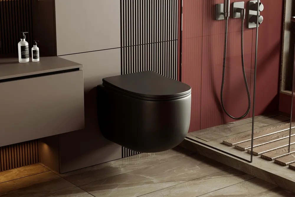 Унитаз ABBER Bequem AC1104TMB подвесной черный матовый, безободковый, смыв торнадо — фото 3, Подвесные унитазы