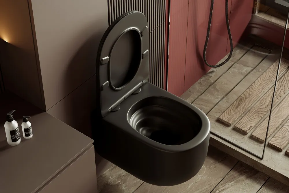 Унитаз ABBER Bequem AC1104TMB подвесной черный матовый, безободковый, смыв торнадо — фото 4, Подвесные унитазы