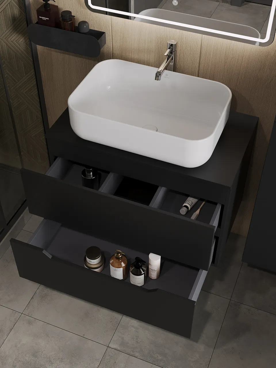 Товар: Orange Line Li-80TubMDF+B03-600W тумба с раковиной подвесная 80 см, черный/белый Li-80TubMDF+B03-600W - фото 4 Orange Line Li-80TubMDF+B03-600W тумба с раковиной подвесная 80 см, черный/белый Li-80TubMDF+B03-600W — фото 4, Тумбы с раковиной