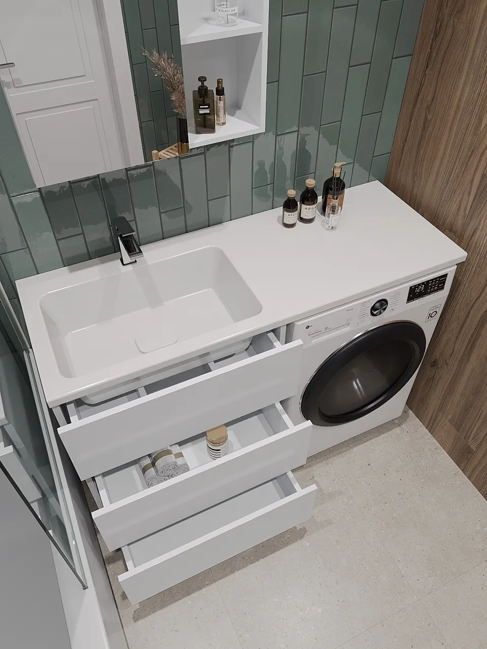 Orange Sistema ST-70TUW+RAL Тумба напольная с левой раковиной 130 см под стиральную машину, белый ST-70TUW+RAL — фото 9, Тумбы под раковину