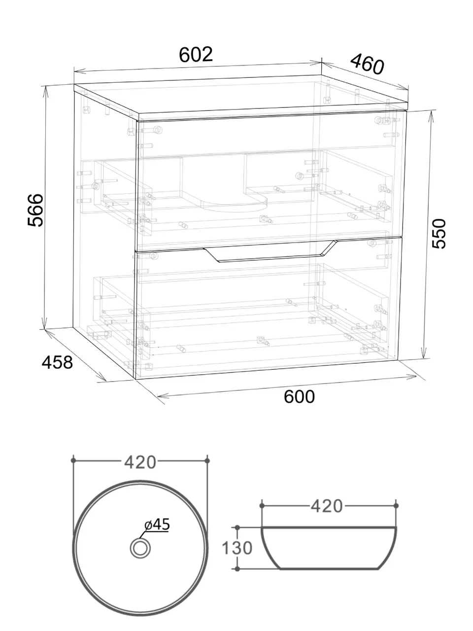 Orange Line Li-60TuwMDF+B07-420W тумба с раковиной подвесная 60 см, белый Li-60TuwMDF+B07-420W — фото 1, Тумбы с раковиной