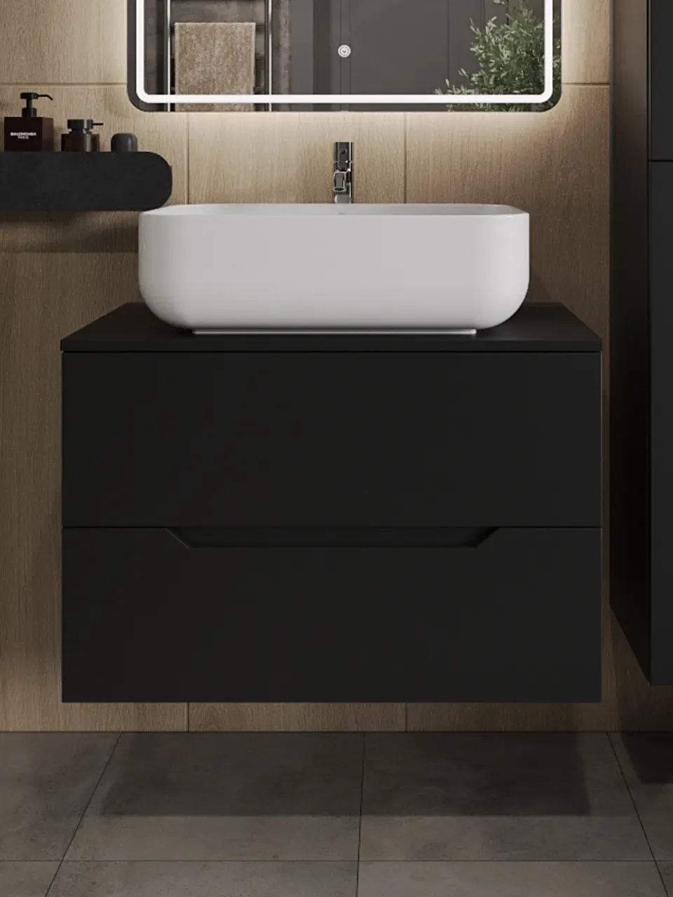 Товар: Orange Line Li-80TubMDF+B03-600W тумба с раковиной подвесная 80 см, черный/белый Li-80TubMDF+B03-600W - фото 3 Orange Line Li-80TubMDF+B03-600W тумба с раковиной подвесная 80 см, черный/белый Li-80TubMDF+B03-600W — фото 3, Тумбы с раковиной