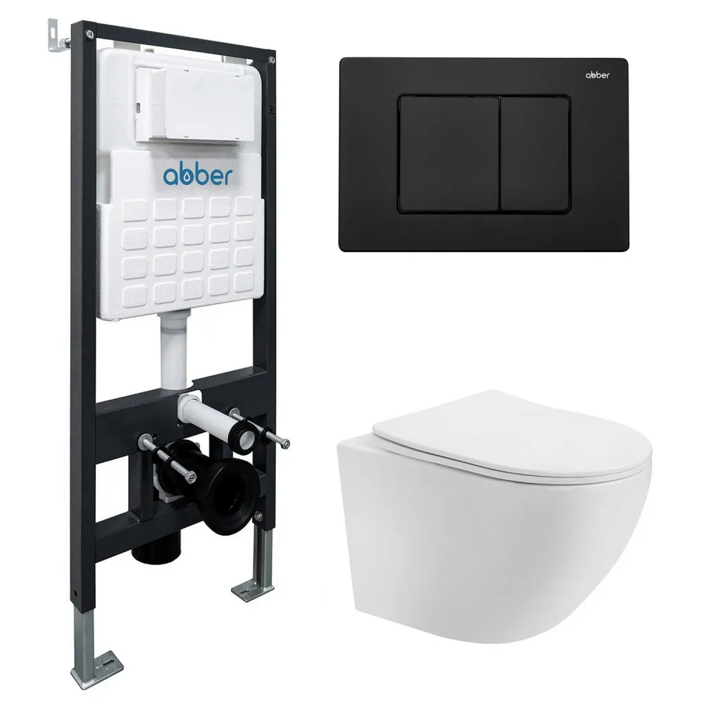 Комплект подвесной унитаз ABBER Bequem AC1100T белый с инсталляцией AC0105 и кнопкой AC0120MB черный матовый AC1100T-AC0105-AC0120MB — фото 1, Комплекты унитаз + инсталляция