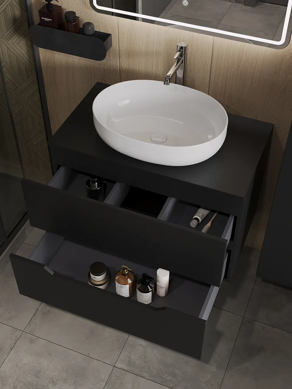 Товар: Orange Line Li-80TubMDF+B05-520W тумба с раковиной подвесная 80 см, черный/белый Li-80TubMDF+B05-520W - фото 4 Orange Line Li-80TubMDF+B05-520W тумба с раковиной подвесная 80 см, черный/белый Li-80TubMDF+B05-520W — фото 4, Тумбы с раковиной