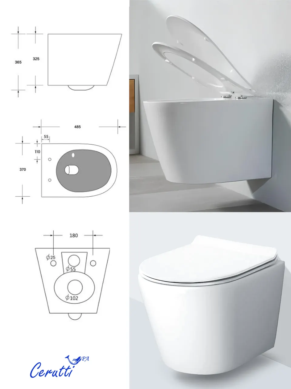 Унитаз LUIGI Aria Tornado подвесной безободковый со смывом торнадо Ceruttispa CT11101 (490x370x370) — фото 4, Подвесные унитазы