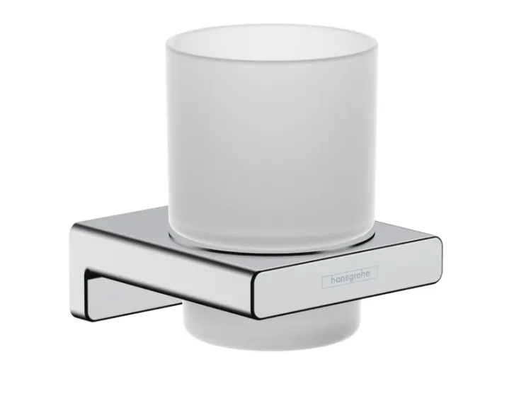 Стакан, Hansgrohe, AddStoris, одинарный, ширина, мм-81, глубина, мм-91, высота, мм-94, настенный, материал стакана-стекло матовое, материал держателя-металл, крепления в комплекте, цвет-хром 41749000 — фото 1, Стаканы для зубных щеток