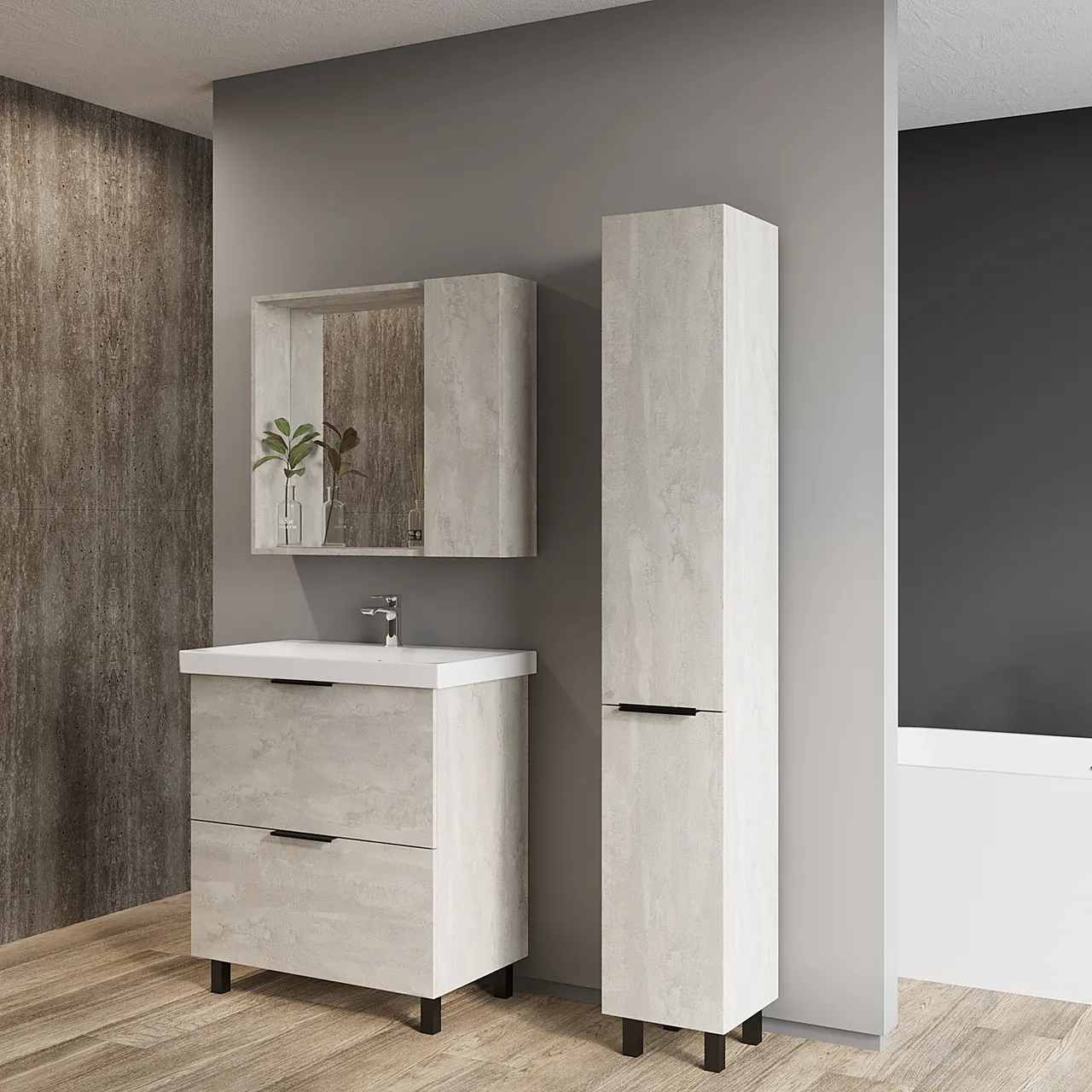 Зеркало со шкафом VIANT БЕРЛИН 60 подвесное цемент (VBER60C-ZSH) — фото 3, Зеркальные шкафы в ванную