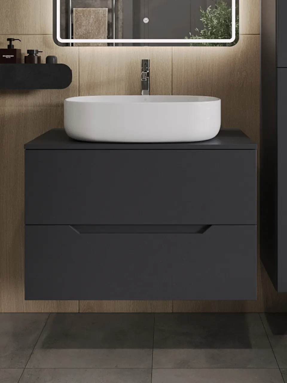 Товар: Orange Line Li-80TugMDF+B08-600W тумба с раковиной подвесная 80 см, графит/белый Li-80TugMDF+B08-600W - фото 3 Orange Line Li-80TugMDF+B08-600W тумба с раковиной подвесная 80 см, графит/белый Li-80TugMDF+B08-600W — фото 3, Тумбы с раковиной