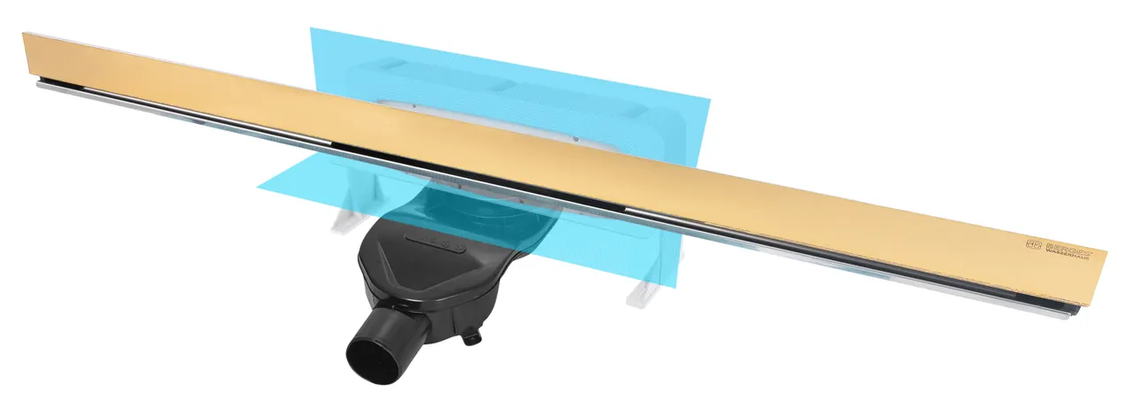 Товар: Желоб BERGES водосток WALL 1000 пристенный, золото глянец, S-сифон D50 H60 боковой 092157 - фото 8 Желоб BERGES водосток WALL 1000 пристенный, золото глянец, S-сифон D50 H60 боковой 092157 — фото 8, Душевые лотки