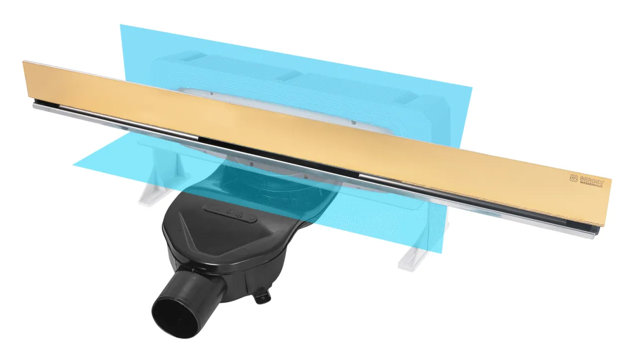 Товар: Желоб BERGES водосток WALL 600 пристенный, золото глянец, S-сифон D50 H60 боковой 092156 - фото 8 Желоб BERGES водосток WALL 600 пристенный, золото глянец, S-сифон D50 H60 боковой 092156 — фото 8, Душевые лотки