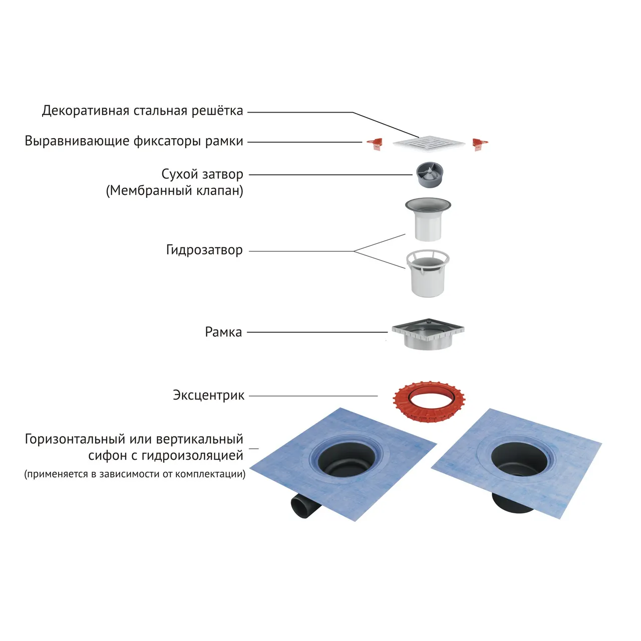 Трап BERGES водосток напольный ZENTRUM Keramik 150х150 под плитку, без обрамления, выпуск D50 H65 боковой 093366 — фото 3, Трапы для душа