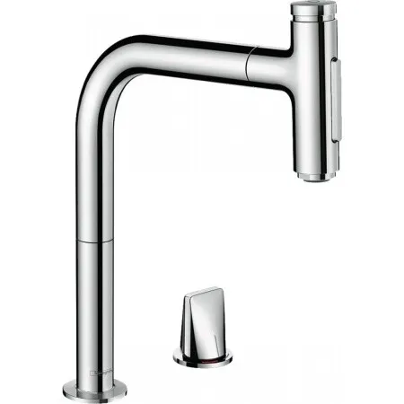 Смеситель для кухни, Hansgrohe, Metris Select M71, тип открывания воды-однорычажный, тип регулирования воды-керамический картридж, монтаж-на раковину/столешницу, отверстия для монтажа-2, высота, мм-320, вынос излива, мм-221, тип излива-выдвижной, поворотный на 110° или 150°, кнопка Select для комфортного включения/выключения воды, магнитная система крепления душа MagFit, тип подводки-гибкая, стандарт подвода воды-3/8", цвет-хром 73819000 — фото 1, Смесители для кухни
