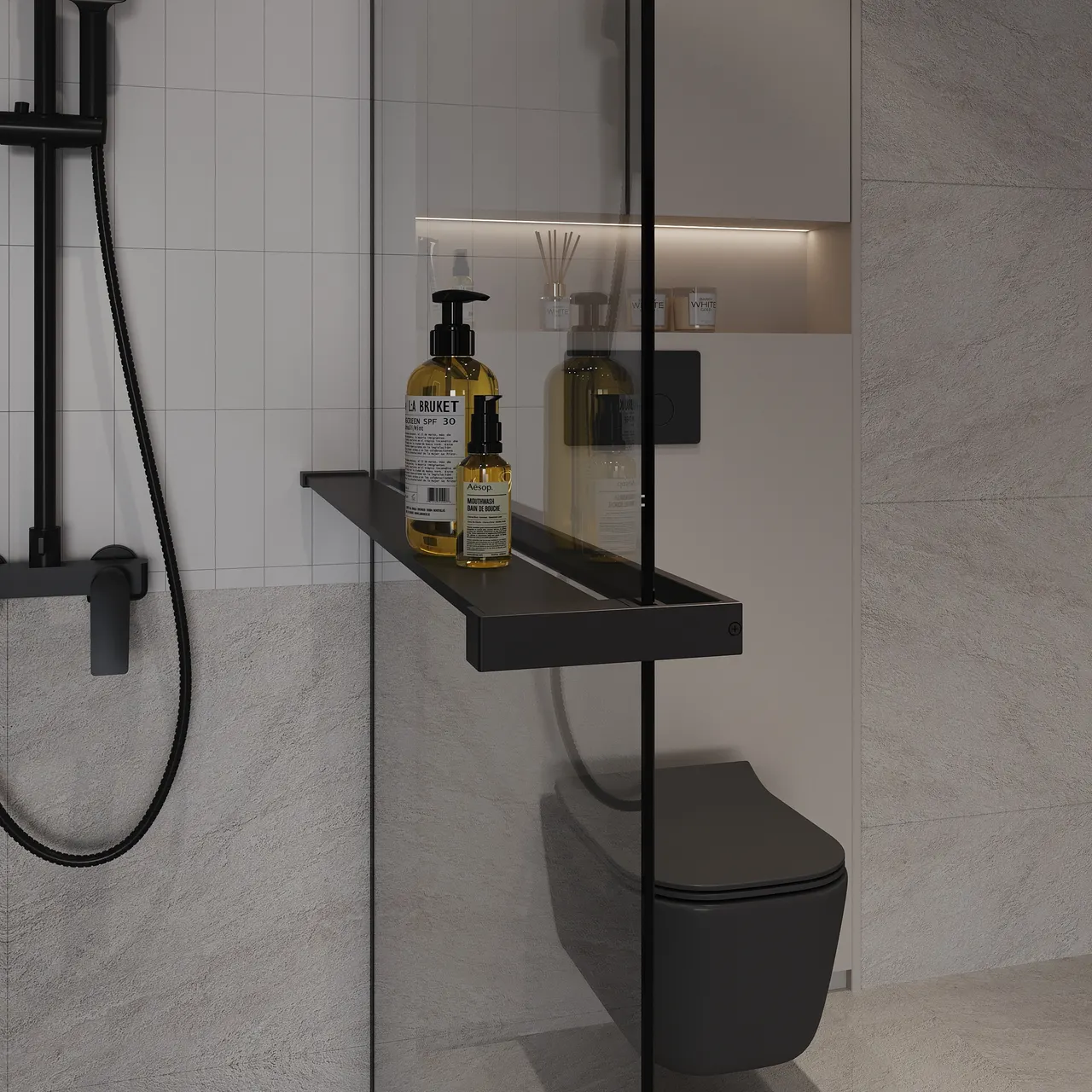 Душевая перегородка Niagara Nova NG-670-12ВLACK (120х195) черный матовый,стекло прозрачное,с полкой,1 место — фото 9, Душевые перегородки