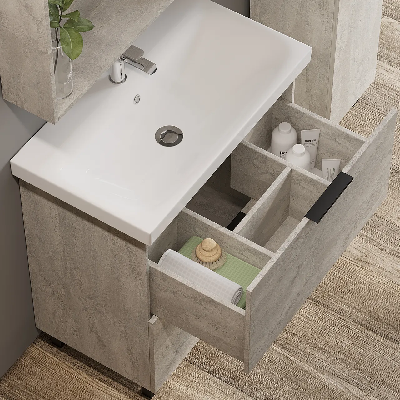 Зеркало со шкафом VIANT БЕРЛИН 60 подвесное цемент (VBER60C-ZSH) — фото 8, Зеркальные шкафы в ванную