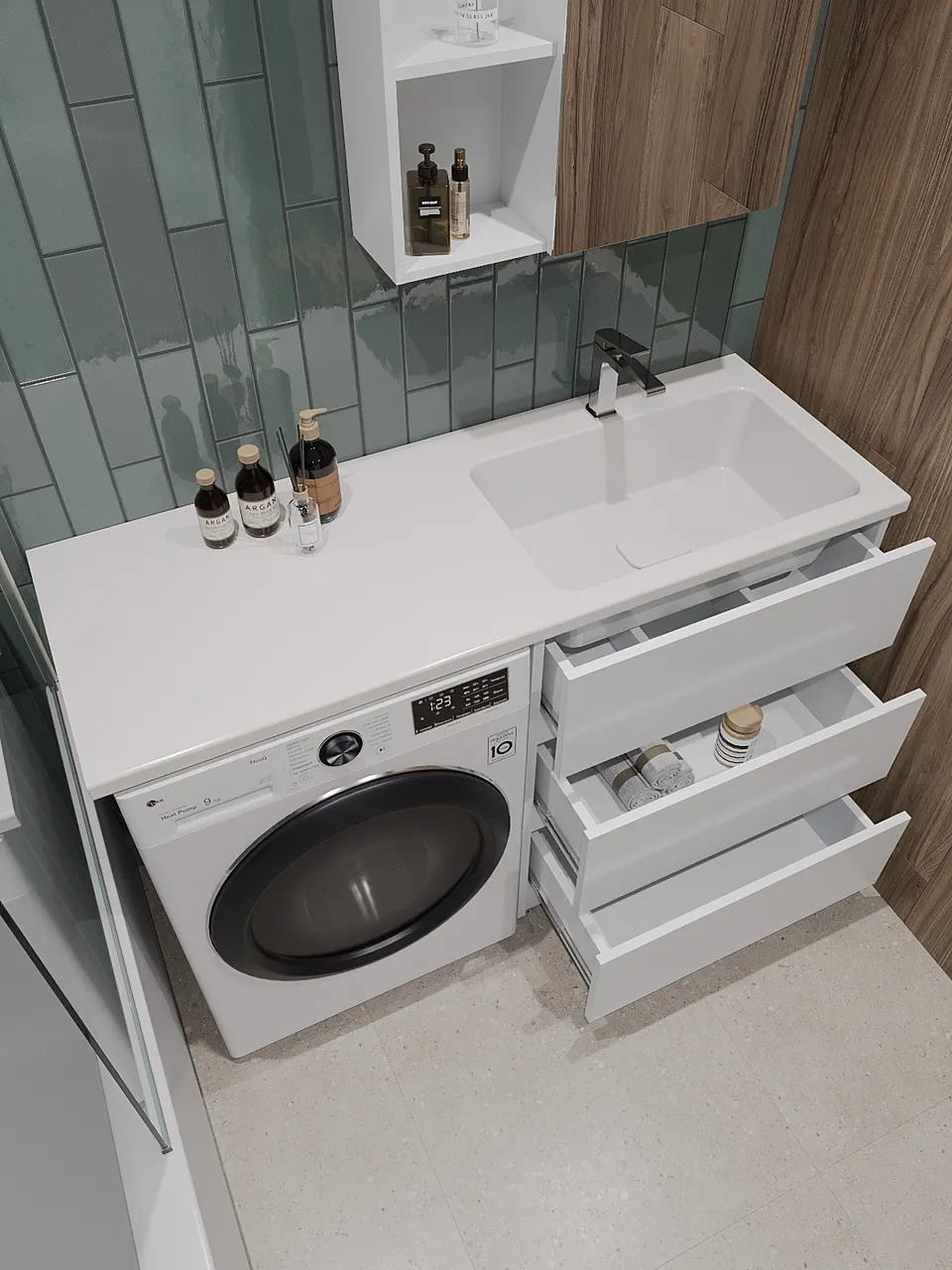 Orange Sistema ST-70TUW+RAR Тумба напольная с правой раковиной 130 см под стиральную машину, белый ST-70TUW+RAR — фото 9, Тумбы под раковину