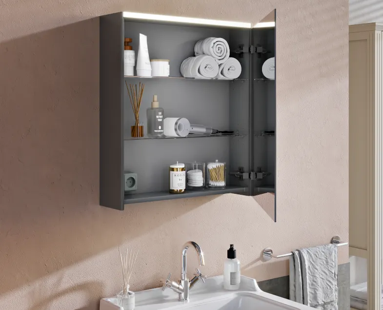 66909 Зеркало-шкаф 60 см с подсветкой и розеткой левый антрацит VITRA — фото 2, Зеркальные шкафы в ванную
