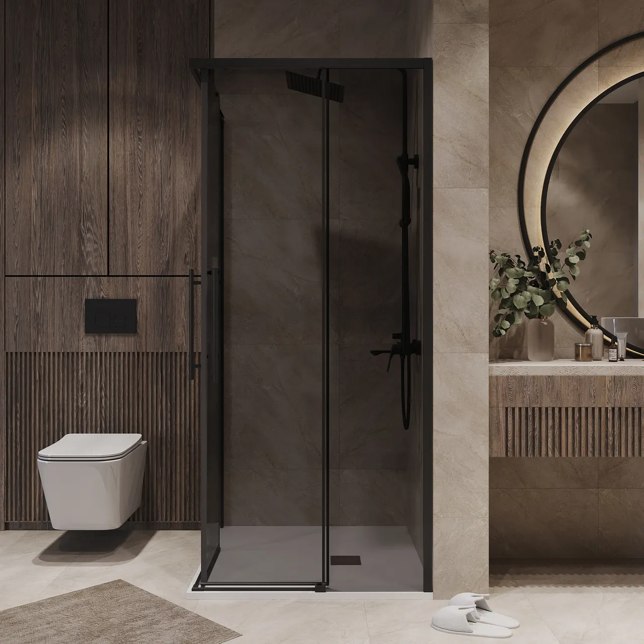 Душевое ограждение Niagara Nova NG-2829-34BLACK (90х90х195) квадрат,черный матовый,двери раздвижные,стекло тонированное,1 место — фото 4, Душевые уголки