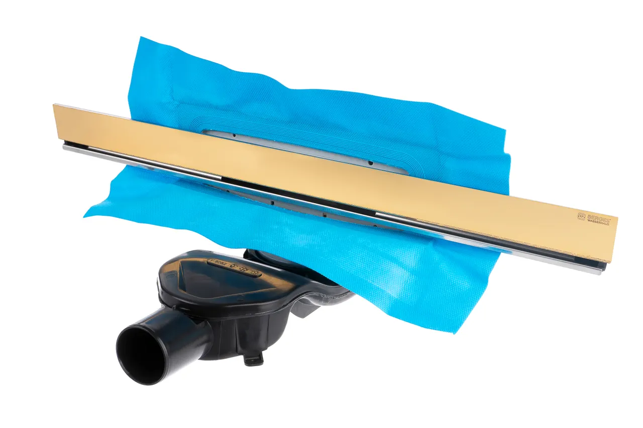 Товар: Желоб BERGES водосток WALL 600 пристенный, золото глянец, S-сифон D50 H60 боковой 092156 - фото 9 Желоб BERGES водосток WALL 600 пристенный, золото глянец, S-сифон D50 H60 боковой 092156 — фото 9, Душевые лотки