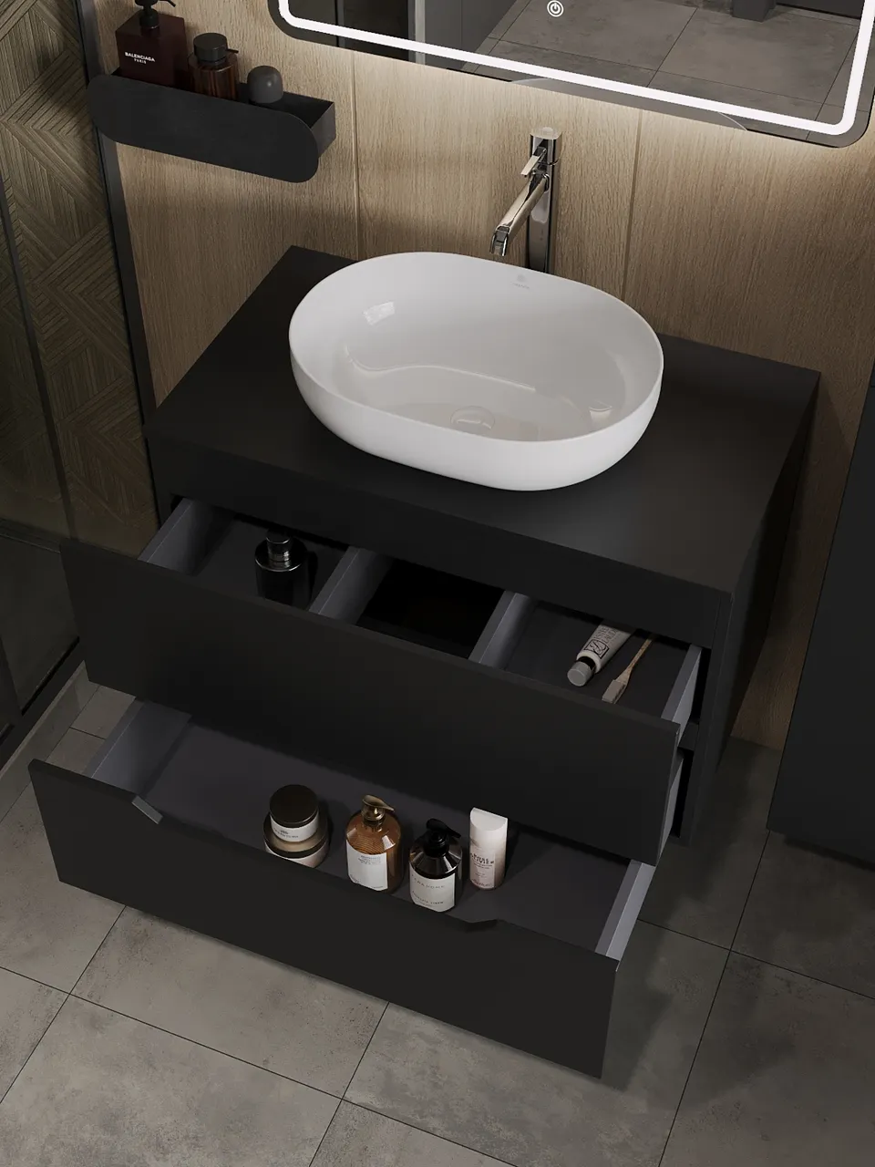 Товар: Orange Line Li-80TubMDF+B05-480W тумба с раковиной подвесная 80 см, черный/белый Li-80TubMDF+B05-480W - фото 4 Orange Line Li-80TubMDF+B05-480W тумба с раковиной подвесная 80 см, черный/белый Li-80TubMDF+B05-480W — фото 4, Тумбы с раковиной