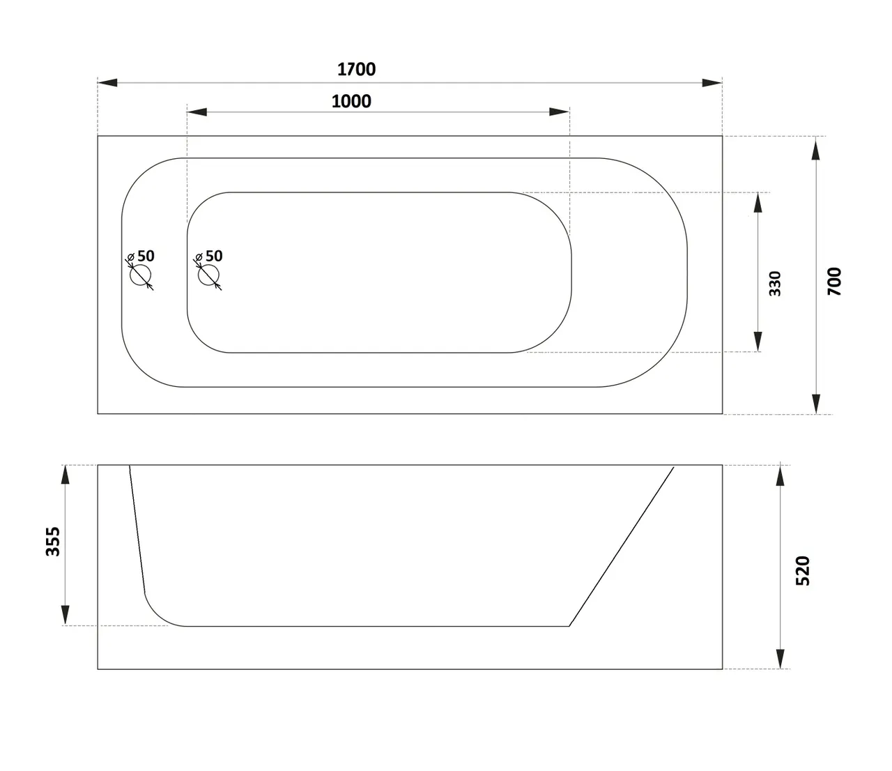 Ванна акриловая с каркасом БЕЗ экрана ORTIZ (1700x750x580) приставная, белая PARLY CT10819 — фото 6, Акриловые ванны