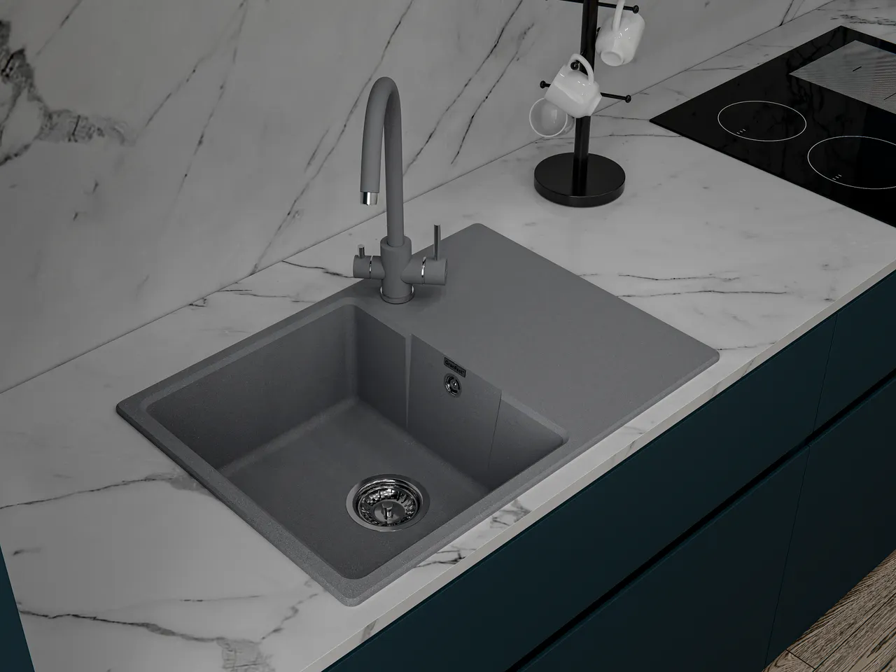 GRANFEST Мойка URBAN 668L 1-чаша+крыло 680*490мм темно-серый арт.GF-UR- 668L темно-серый — фото 2, Кухонные мойки