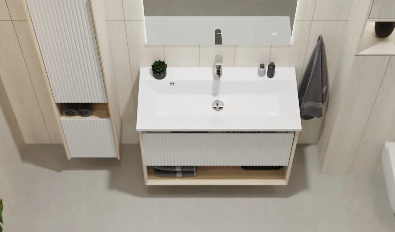 Toss.01.90/P/SS-W/JR Тумба Tossony 90 подвесная Сонома светлая/Белый белый JORNO — фото 1, Тумбы под раковину