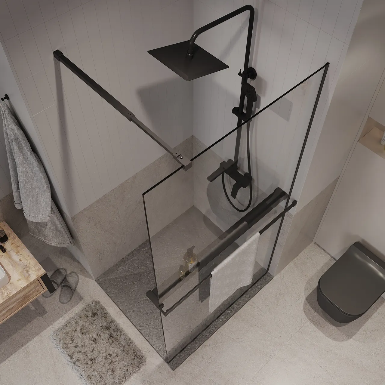 Душевая перегородка Niagara Nova NG-670-12ВLACK (120х195) черный матовый,стекло прозрачное,с полкой,1 место — фото 5, Душевые перегородки