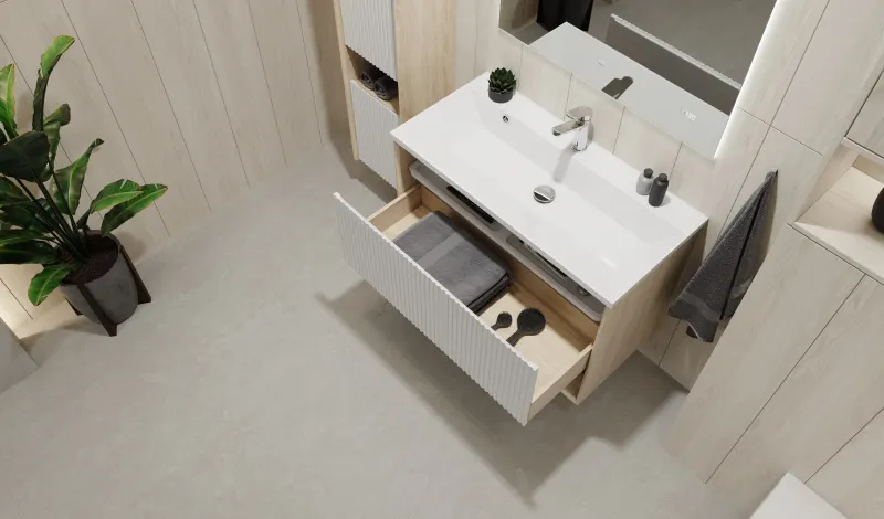 Toss.01.90/P/SS-W/JR Тумба Tossony 90 подвесная Сонома светлая/Белый белый JORNO — фото 2, Тумбы под раковину