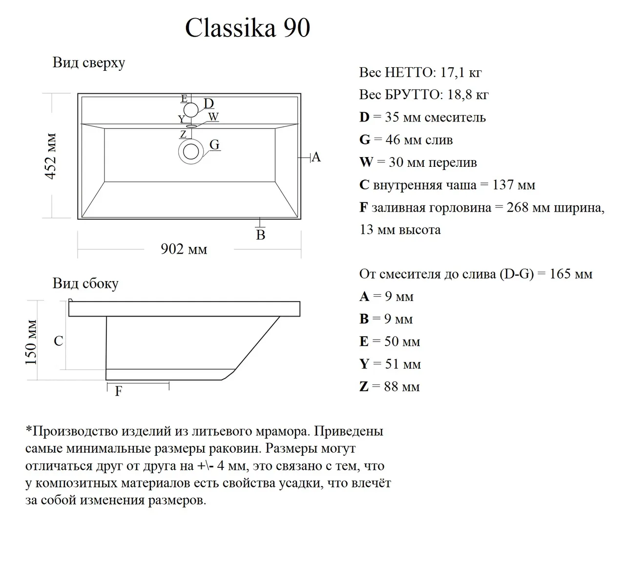Раковина мебельная и на столешницу Classica 90 4627173210195 — фото 6, Раковины накладные