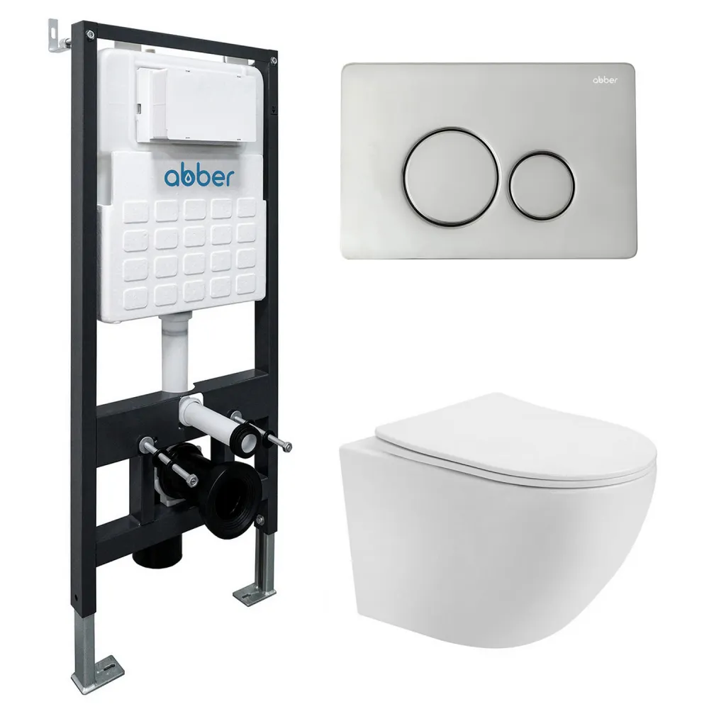 Комплект подвесной унитаз ABBER Bequem AC1100T белый с инсталляцией AC0105 и кнопкой AC0121 хром AC1100T-AC0105-AC0121 — фото 1, Комплекты унитаз + инсталляция