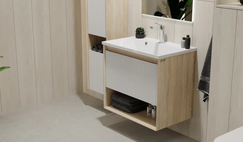 Toss.01.70/P/SS-W/JR Тумба Tossony 70 подвесная Сонома светлая/Белый белый JORNO — фото 1, Тумбы под раковину