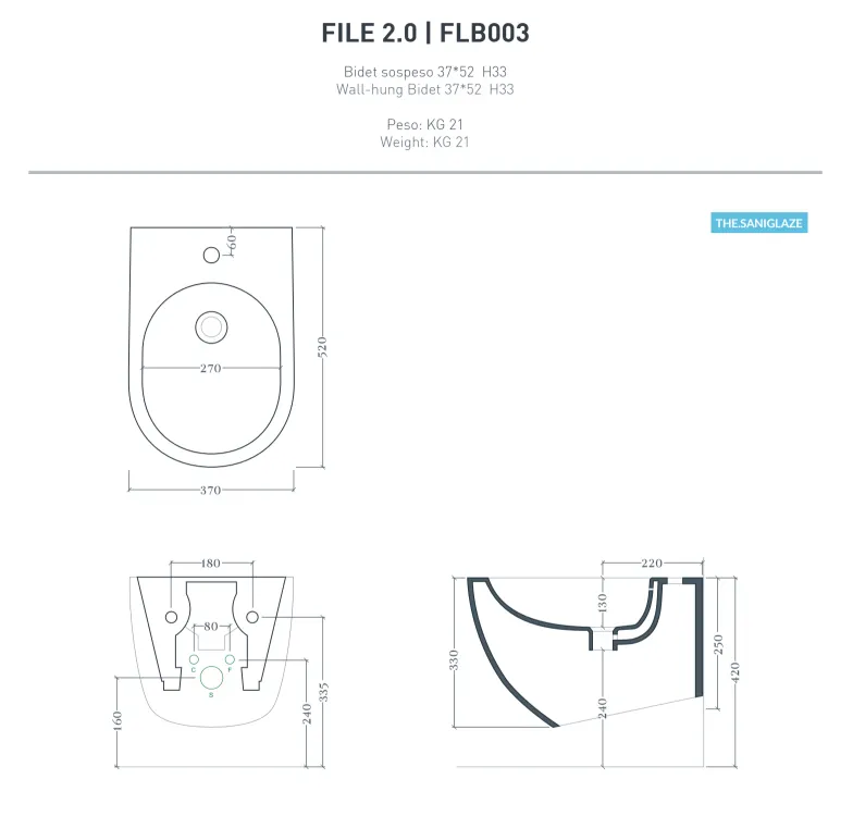 Биде Artceram File 2.0 подвесной с одним отверстием saniglaze цвет белый FLB003 01 00 — фото 2, Биде подвесные