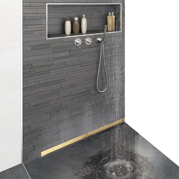 Желоб BERGES водосток WALL 600 пристенный, золото глянец, S-сифон D50 H60 боковой 092156 — фото 1, Душевые лотки