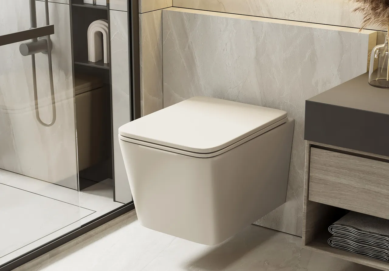 Товар: Унитаз ABBER Rechteck AC1201MBE подвесной светло-бежевый матовый, безободковый - фото 3 Унитаз ABBER Rechteck AC1201MBE подвесной светло-бежевый матовый, безободковый — фото 3, Подвесные унитазы