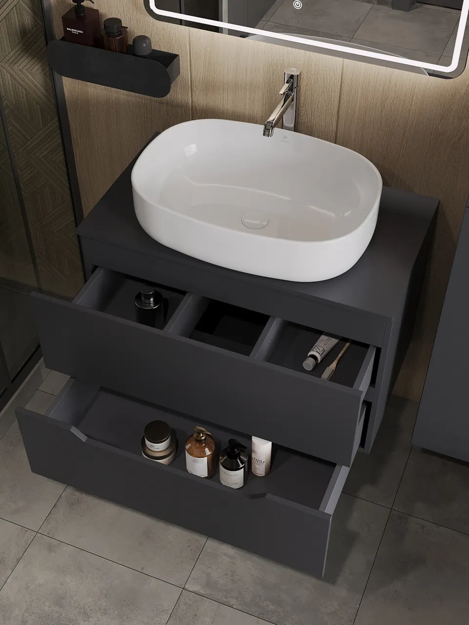 Товар: Orange Line Li-80TugMDF+B08-600W тумба с раковиной подвесная 80 см, графит/белый Li-80TugMDF+B08-600W - фото 4 Orange Line Li-80TugMDF+B08-600W тумба с раковиной подвесная 80 см, графит/белый Li-80TugMDF+B08-600W — фото 4, Тумбы с раковиной