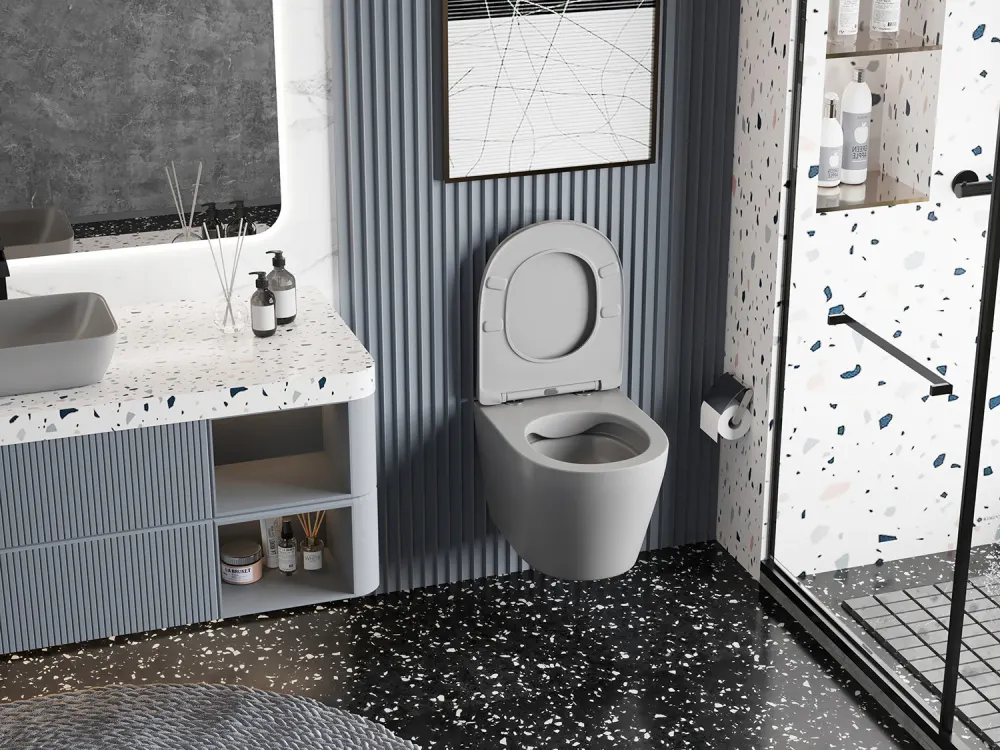 Товар: Унитаз ABBER Bequem AC1102MG подвесной серый матовый, безободковый - фото 4 Унитаз ABBER Bequem AC1102MG подвесной серый матовый, безободковый — фото 4, Подвесные унитазы