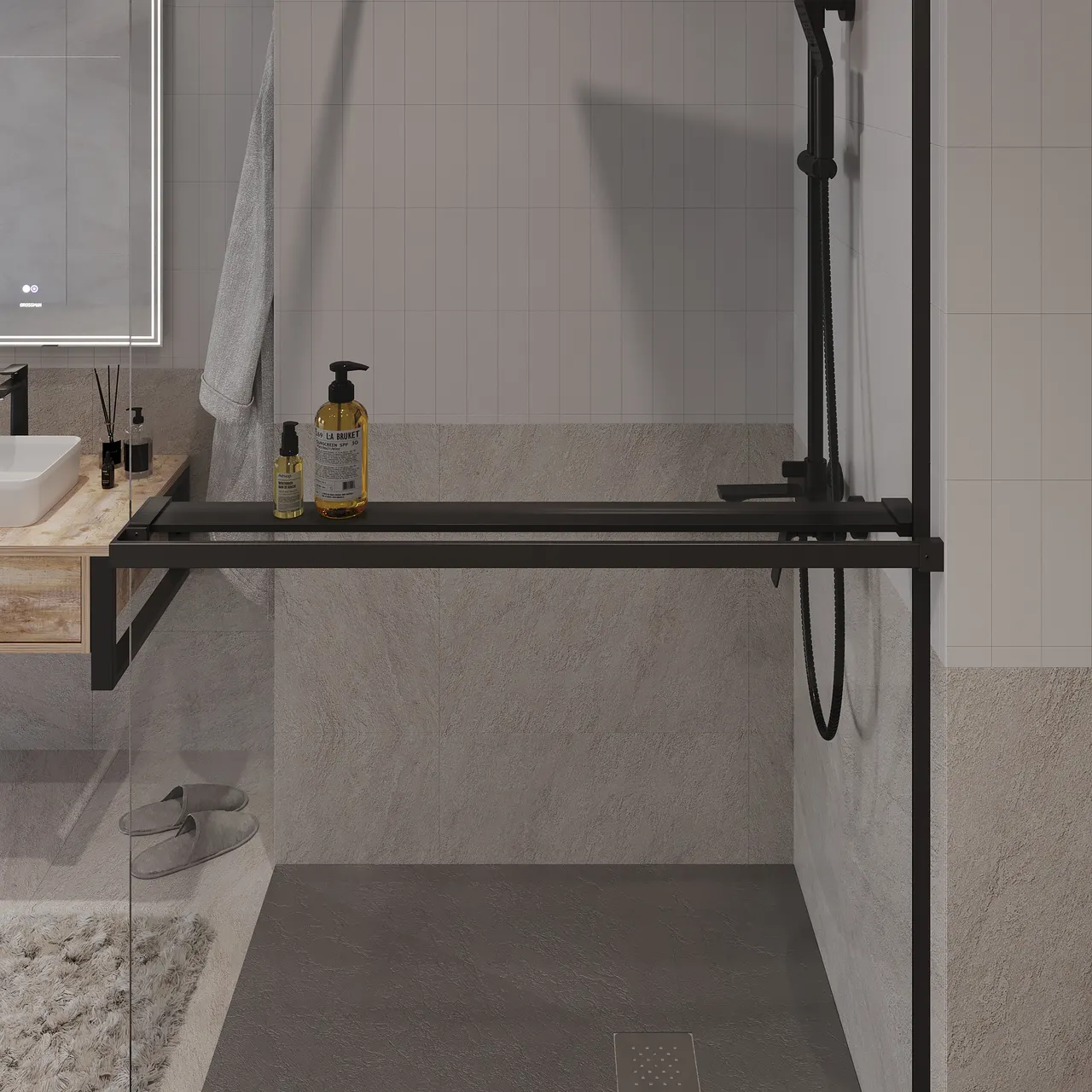 Душевая перегородка Niagara Nova NG-670-12ВLACK (120х195) черный матовый,стекло прозрачное,с полкой,1 место — фото 7, Душевые перегородки