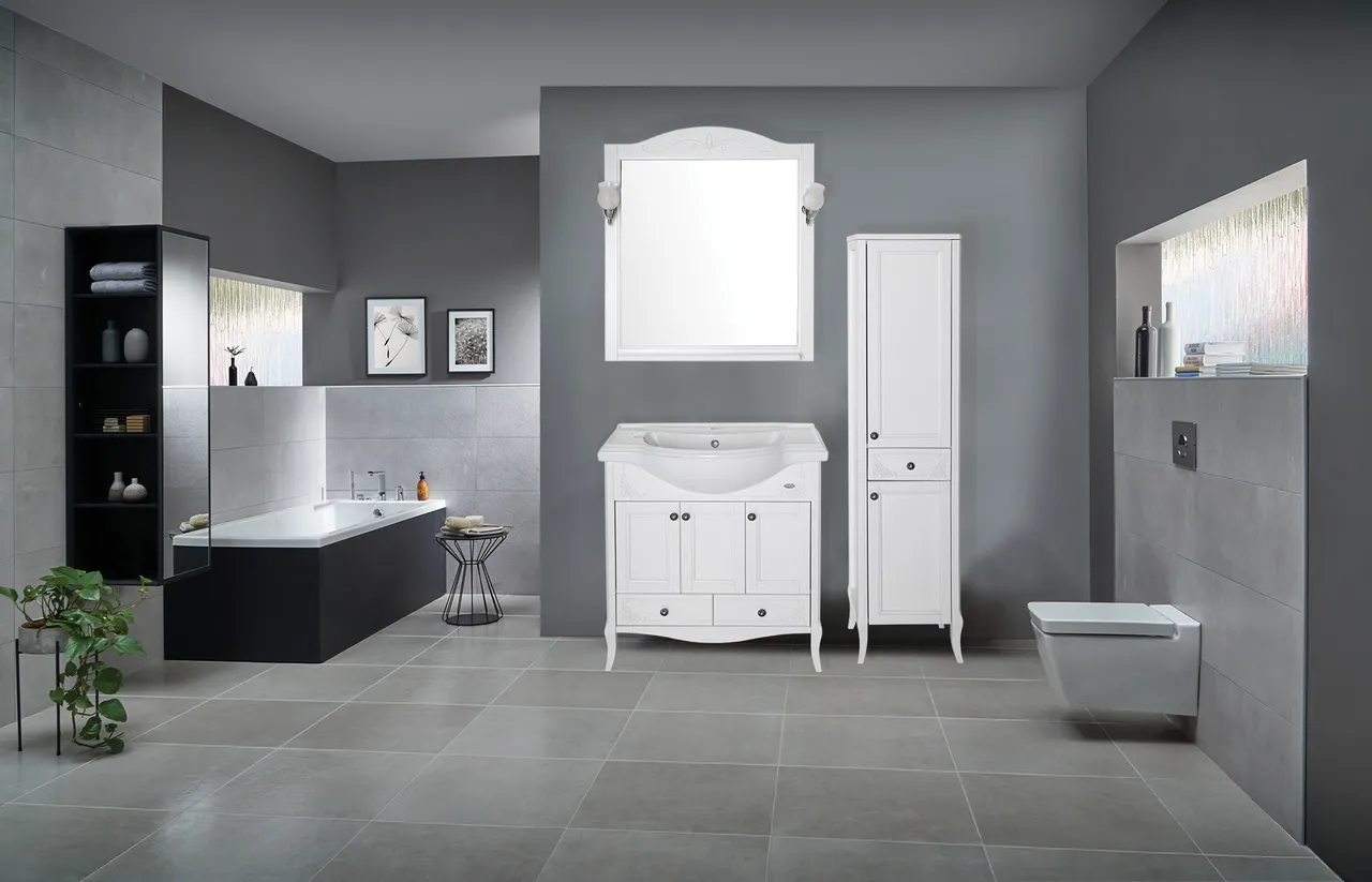 Товар: Комплект мебели для ванной Салерно 80 (Белый Патина Серебро) 969601 - фото 2 Комплект мебели для ванной Салерно 80 (Белый Патина Серебро) 969601 — фото 2, Готовые комплекты для ванной комнаты