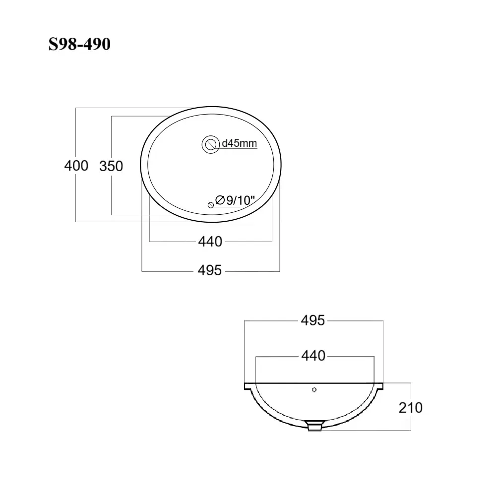 BOND S98-490 Раковина встраиваемая под столешницу 49,5х40,5х21см овальная белая с переливом — фото 4, Раковины встраиваемые сверху
