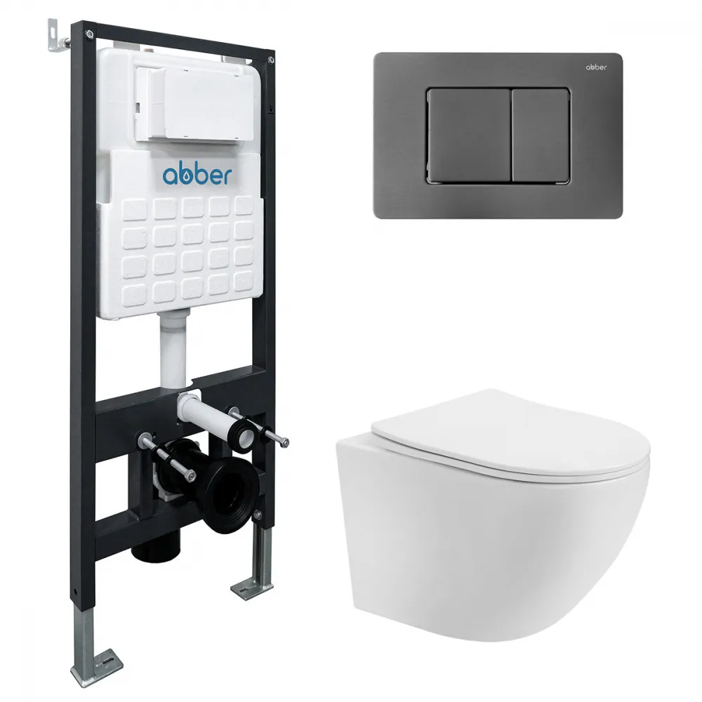 Комплект подвесной унитаз ABBER Bequem AC1100T белый с инсталляцией AC0105 и кнопкой AC0120NG никель AC1100T-AC0105-AC0120NG — фото 1, Комплекты унитаз + инсталляция