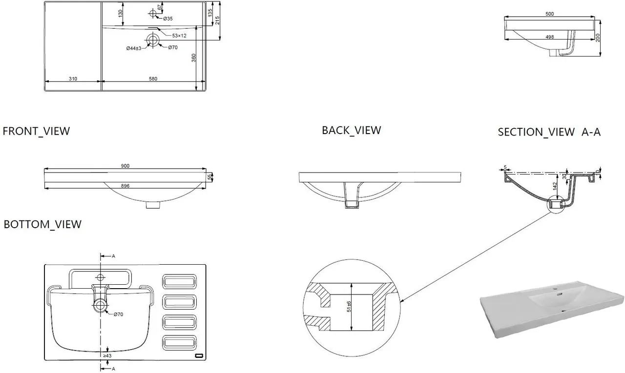 Раковина Aquanet Side 90 правая 00347436 — фото 3, Раковины