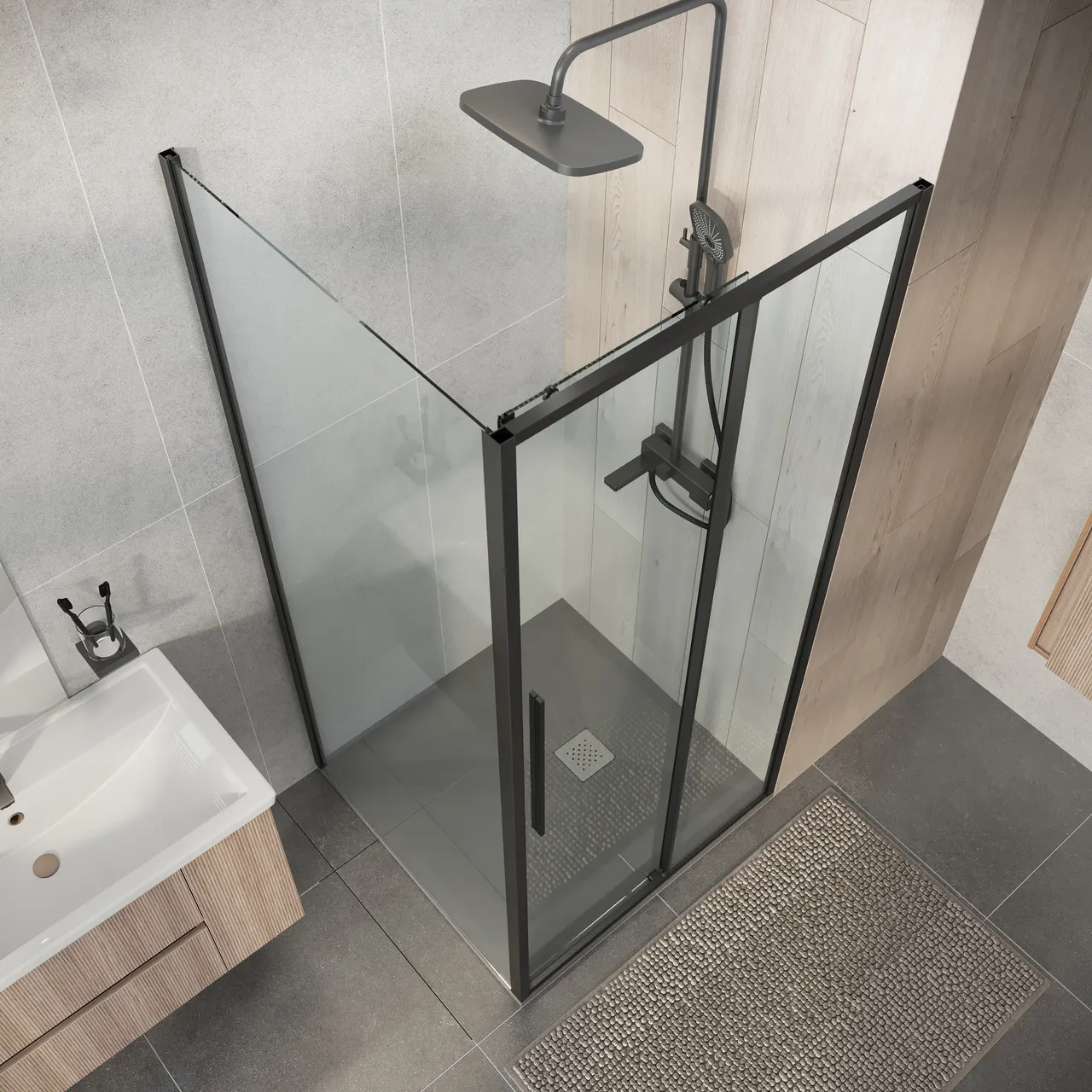 Товар: Душевое ограждение Niagara Nova NG-34-10AGR-A100GR-34 (100х100х195) квадрат,раздвижная,графит,стекло прозрачное,2 места - фото 6 Душевое ограждение Niagara Nova NG-34-10AGR-A100GR-34 (100х100х195) квадрат,раздвижная,графит,стекло прозрачное,2 места — фото 6, Душевые уголки